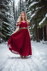 Fototapeta na wymiar Full body portrait of a young girl model in a long red dress with embroidery in a Christmas forest