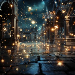 overlay of golden stars falling on the ground at night
