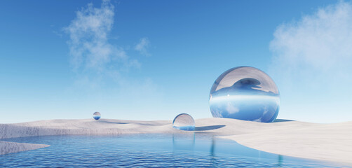 3d Render, Abstract Surreal pastel landscape background with arches and podium for showing product, panoramic view, Colorful dune scene with copy space, blue sky and cloudy, Minimalist decor design