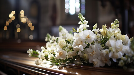 Generative AI, white flowers lie on the coffin in the temple, funeral ceremony, farewell to the deceased, christian catholic church, grave wreath, death, grief, space for text - obrazy, fototapety, plakaty