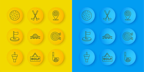 Set line Golf tee, hole with flag, ball in water, club, sport, Location golf and Crossed icon. Vector