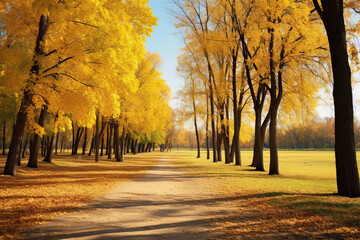 landscape of trees with yellow leaves in autumn, ai generated