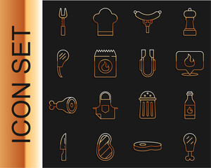 Set line Chicken leg, Tabasco sauce, Location with fire flame, Sausage the fork, Barbecue coal bag, Rib eye steak, and Meat tongs icon. Vector