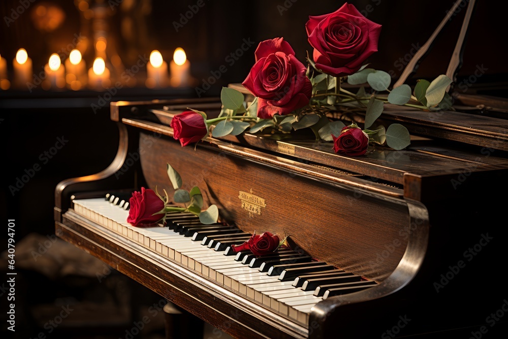 Wall mural a bouquet of roses in a victorian house next to a piano