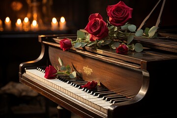 a bouquet of roses in a Victorian house next to a piano
