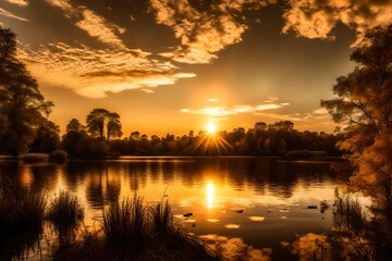 a golden lake, magical sky, deep contrast - AI Generative