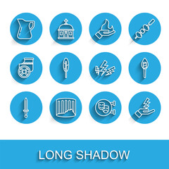 Set line Medieval sword, Ancient column, Bottle of olive oil, Comedy and tragedy masks, Zeus, Feather pen, Torch flame and icon. Vector