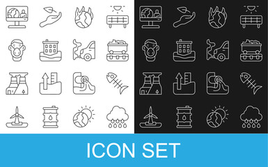 Set line Cloud with rain, Dead fish, Coal train wagon, Global warming fire, House flood, Face protective mask, Weather forecast and Car exhaust icon. Vector