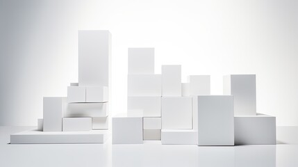 An image of a geometric scene with several cubic podiums arranged.