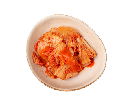 Kimchi Isolated, Kimchee in White Bowl, Red Spicy Kim Chi, Hot Fermented Napa Cabbage, Traditional Jimchi, Korean Winter Food Gimchi, Kimchi on White Background Top View