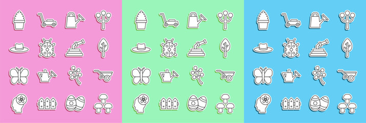 Set line Mushroom, Wheelbarrow with dirt, Forest, Watering can, Ladybug, Gardener worker hat, Cactus peyote pot and hose icon. Vector