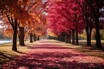 Fototapeta premium landscape of trees with maroon leaves in autumn, ai generated