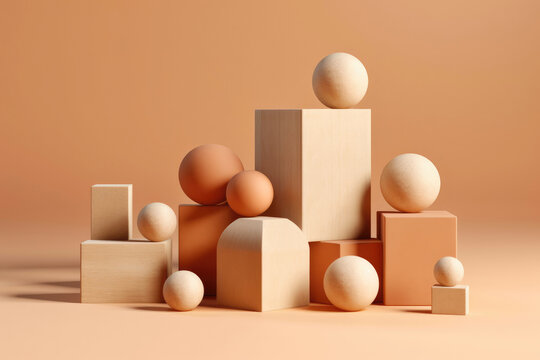 Wooden beige shapes in various forms on a wooden pedestal create a unique and artistic design. Neutral colors and geometric balance add a touch of modern monochrome minimalism