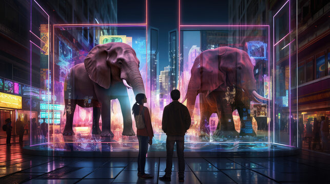 a person looking at a hologram elephant, Futuristic theme, Generative ai