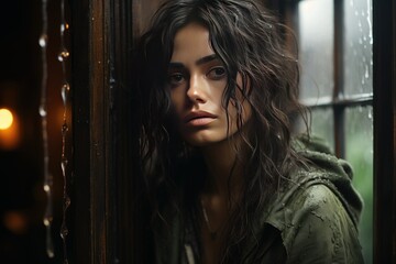 sad young girl in an autumn window