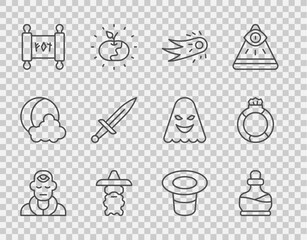 Set line Wizard warlock, Bottle with potion, Fireball, Magic scroll, Dagger, hat and stone ring gem icon. Vector