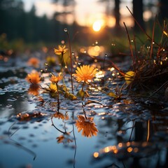 Wildflowers in Forest Puddle at Golden Hour