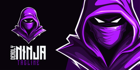 Violet Ninja Assassin Emblem: Logo, Mascot, Illustration, Vector Graphic for Sport and E-Sport Gaming Teams, Deadly Ninja Mascot head
