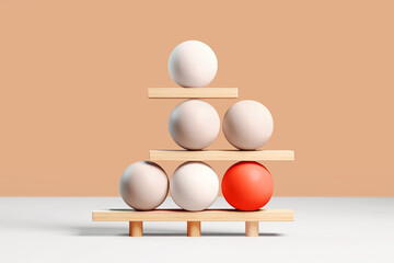 Monochrome white and red ball, abacus-like design, balances on a line wood pedestal. Simple yet striking geometric shapes in a contemporary setting. Concept of to be different