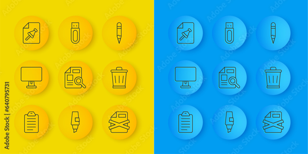 Poster set line to do list or planning, computer monitor, document with graph chart, delete file document, 
