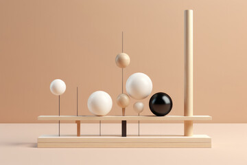 Abstract graphic formed by geometric shapes. Minimalist design evokes balance. White circles, black ball balancing on a wooden line intersect on neutral beige background.Concept of modern simplicity