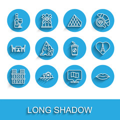 Set line Notre Dame de Paris, Village landscape, Wine bottle with glass, Flag France, Smiling lips, Cheese, Eiffel tower heart and Coffee cup go icon. Vector