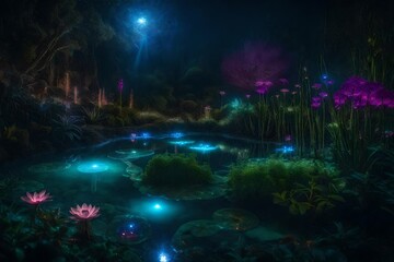 Fototapeta na wymiar a magical garden realm with bioluminescent plants and surreal flora - AI Generative