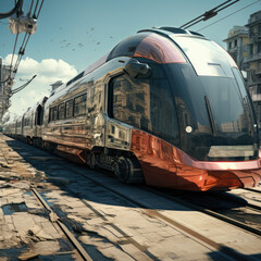 A red train with reflection. Generative AI