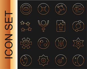 Set line Eclipse of the sun, Falling star, Solar system, Great Bear constellation, Symbol Pluto, Star zodiac, Medallion with eye and icon. Vector