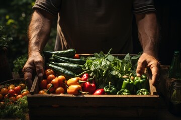 farmer holding with his hands a basket of organic vegetable products