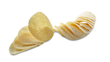 Potato chips scattered on a white background