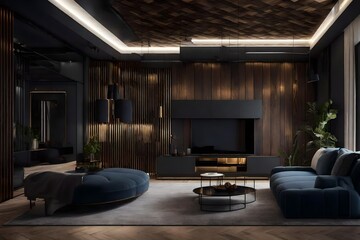 Stylish modern room area with wooden floor parquet and 3d panel wall. 3d render