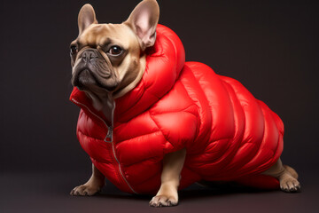 Dog wearing red winter jacket