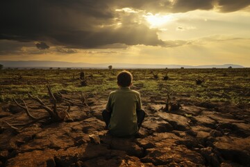 a child sitting on land made barren by global warming