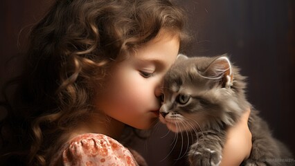A little girl kissing a cat with her eyes closed