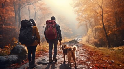 Two people and a dog walking down a path in the woods