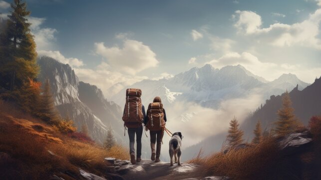 A painting of two people and a dog on a mountain trail