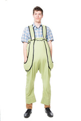 Man in funny fat costume, clown. Isolated on white background