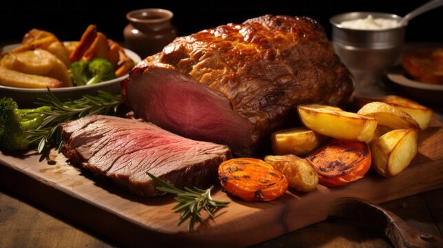 deliciously cooked roast beef with perfectly roasted potatoes and carrots on a rustic cutting board
