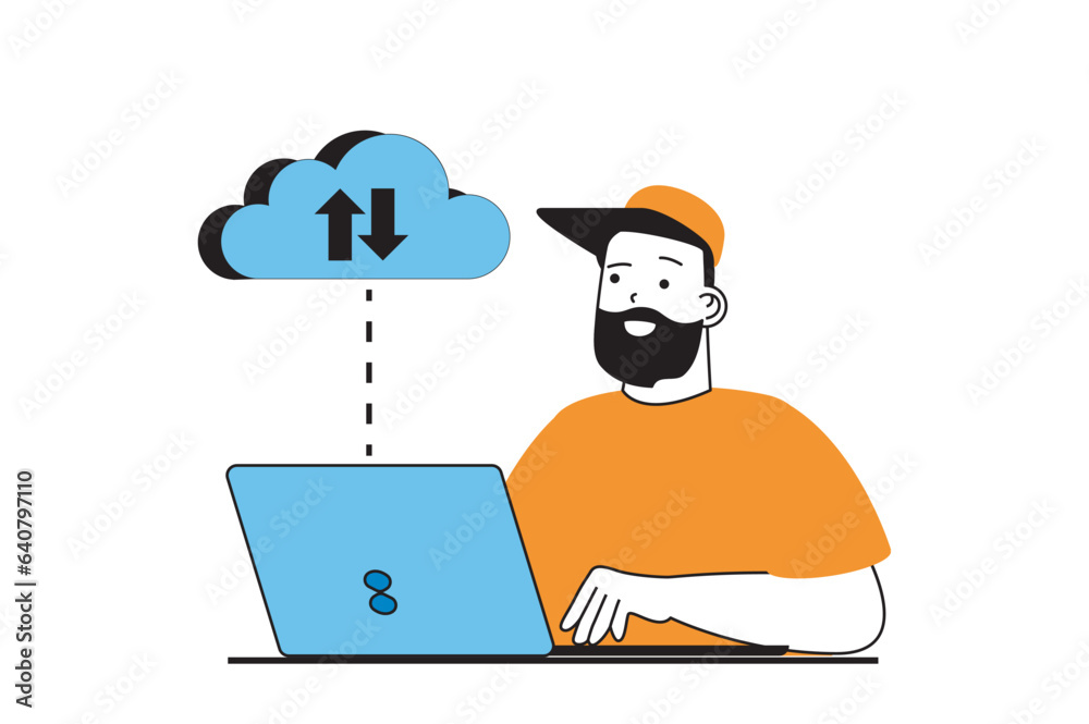 Poster cloud computing concept with people scene in flat web design. man sync data in cloud storage, workin