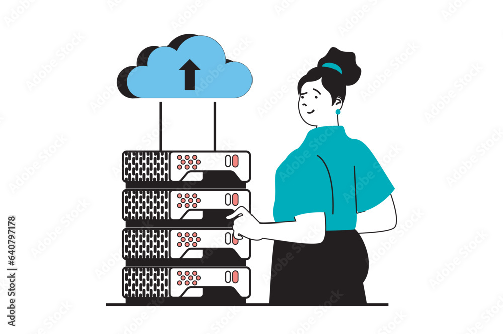 Leinwandbilder cloud computing concept with people scene in flat web design. woman working and administering at ser