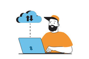 Cloud computing concept with people scene in flat web design. Man sync data in cloud storage, working at laptop with sharing files. Vector illustration for social media banner, marketing material.