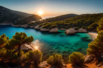 A panoramic sea view of a beautiful natural Aegean cove with a pine forest - AI Generative