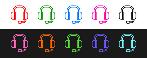 Set line Headphones icon isolated on black and white background. Support customer service, hotline, call center, faq, maintenance. Vector