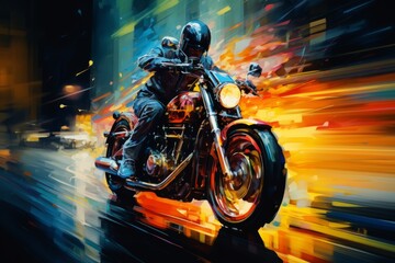 man riding a motorcycle in a vibrant painting