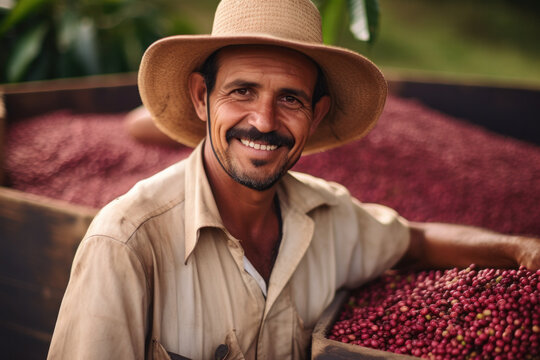 Farmer with his coffee crop on a plantation. New crop of grains