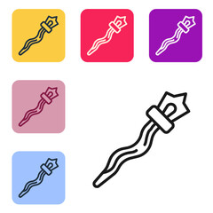 Black line Magic staff icon isolated on white background. Magic wand, scepter, stick, rod. Set icons in color square buttons. Vector