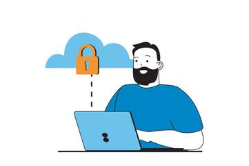 Cloud computing concept with people scene in flat web design. Man uploading data and files at cloud storage and using secure access. Vector illustration for social media banner, marketing material.