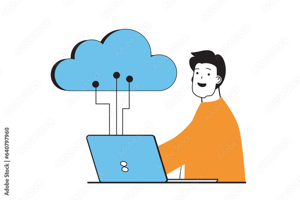 Aufkleber cloud computing concept with people scene in flat web design. man processing data using backup, tran