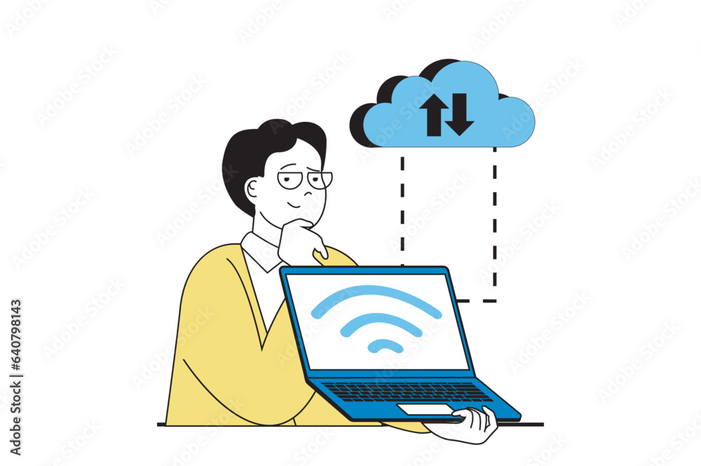 Poster Cloud computing concept with people scene in flat web design. Man using wifi connect for getting access for cloud storage with files. Vector illustration for social media banner, marketing material.